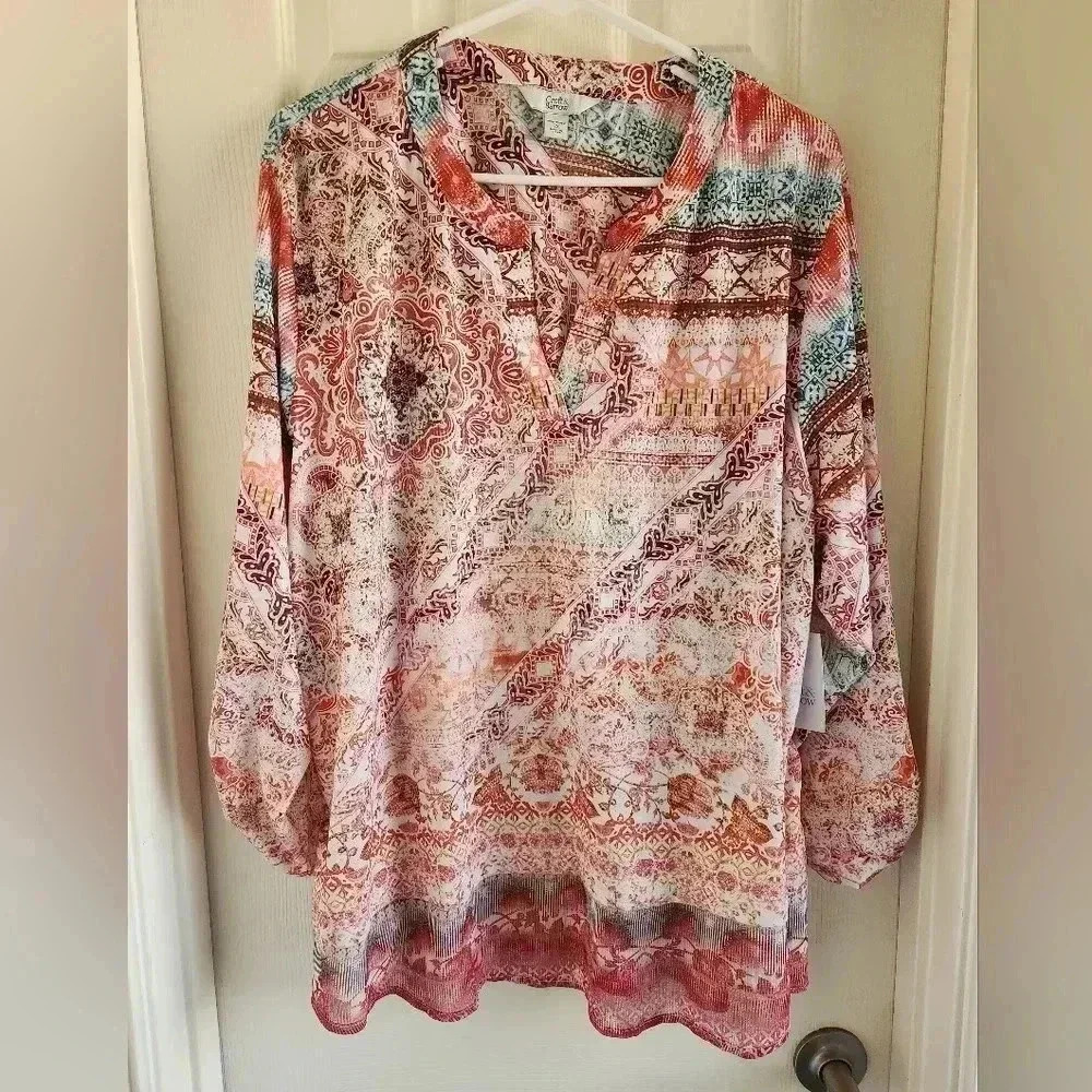 Croft & Barrow 2X Plus Top Stretch Loose Fit Multi Print Low V Cut Blouse Soft